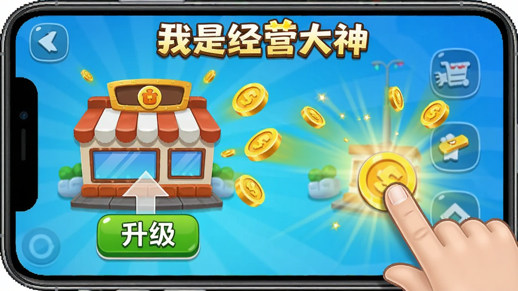 手机游戏操作示意,手指点击屏幕上的“升级”按钮,店铺外观随之变化,周围有金币飞出的特效,界面简洁明了,风格卡通,画质清晰,体现“我是经营大神”的升级乐趣