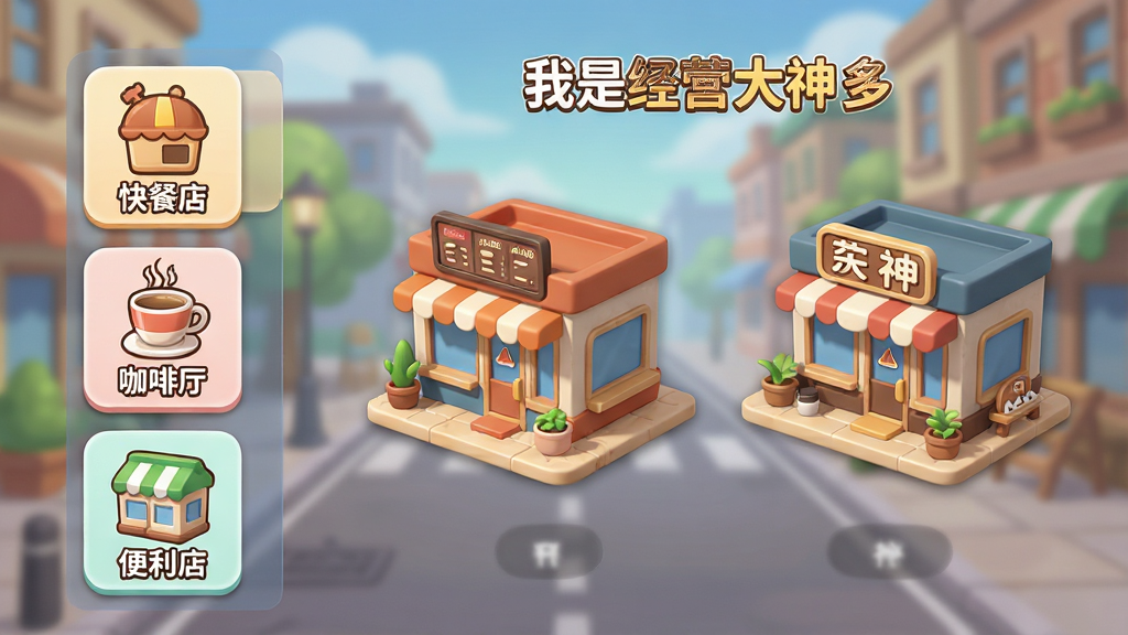 游戏内店铺切换界面,左侧竖排显示“快餐店”、“咖啡厅”、“便利店”等图标,右侧是不同店铺的3D模型预览,风格卡通精致,背景模糊,布局清晰,画质干净,突出“我是经营大神”多线经营特色