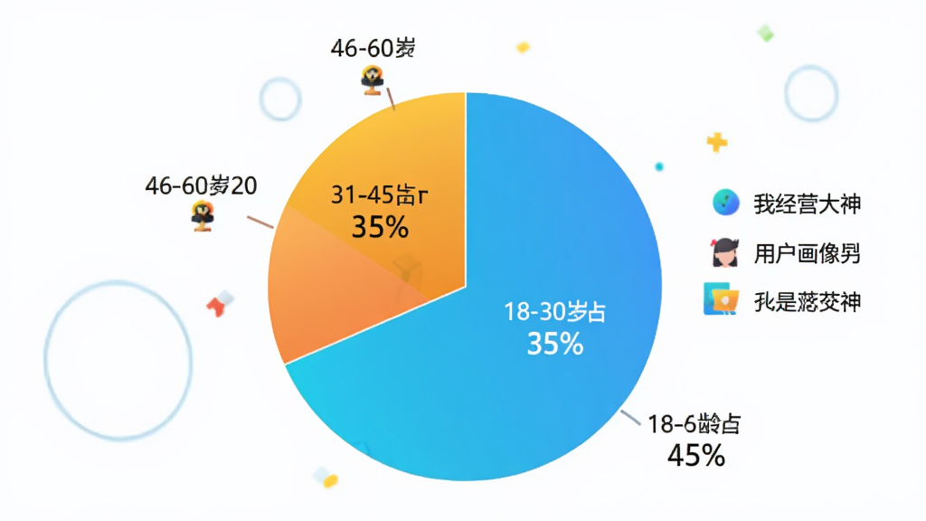 用户年龄分布饼状图,展示18-30岁占45%,31-45岁占35%,46-60岁占20%,色彩明亮,图表清晰,标注数据,背景简洁,画质干净,主题为“我是经营大神”用户画像