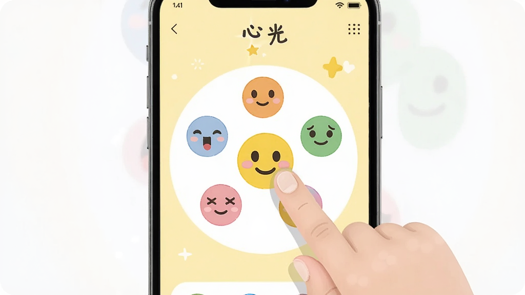 展示“心光”应用的快捷记录页面,界面中央是一个圆形的情绪选择盘,上有六个不同表情的卡通脸,用户手指正滑动到“开心”表情上,背景为淡黄色,风格简洁可爱,扁平化,画质干净。