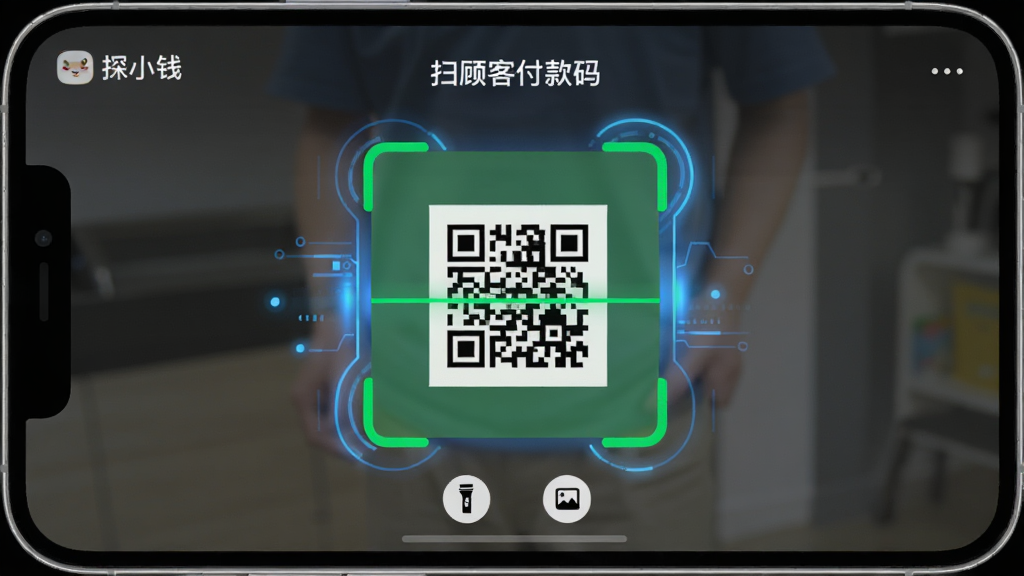 һ�������ֻ�������ͼ����ʾ��̽СǮ��APP��ɨ���տ���棬����������һ����ɫ��ɨ�������׼һ�Ÿ����ά�룬�����黯��ɨ�����Χ����ɫ�Ƽ���Ч�����涥����ʾ��ɨ�˿͸����롱�������ײ����ֵ�Ͳ�����ͼ�꣬��������ʵ�ã�ɫ�����죬���������ɾ����޶���Ԫ��