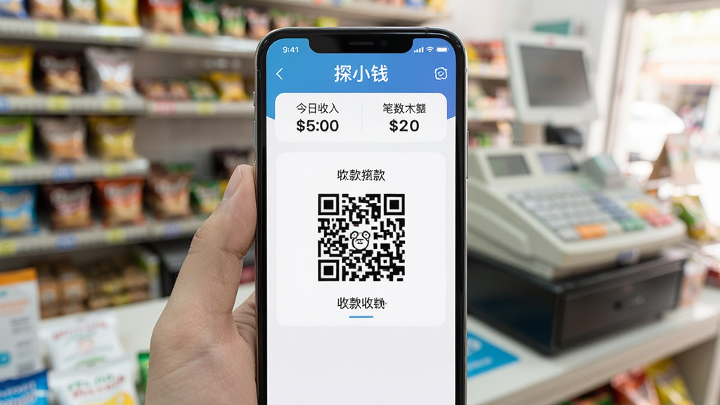 һ�������ֻ�����ͼ����Ļ��ʾ��̽СǮ��APP�����л��棬��������������������ģ�����ӻ�������̨��Ԣ����ʵ�ʾ�Ӫ������ʹ�ã��ֻ���Ļ�Ķ����С�̽СǮ��������������ʾ��������ͱ������������տ��ά�룬���廭��������ʵ��������ϢŨ�񣬹�ͼ�ȶ����ɾ��޶���Ԫ��
