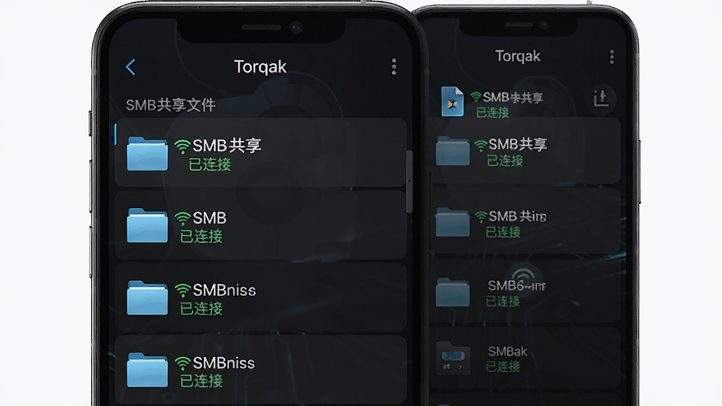 ���壺Torqak���������繲�����ӽ��棬�ֻ���Ļ��ʾSMB�����ļ����б������֣��ֻ��������б�����չʾ�ļ��У��Ű棺����б�ʽ������״̬��ʾ�������ӡ�����񣺿Ƽ��У���ɫ���⣻ϸ�ڣ��ļ���ͼ�����������ʶ�������С�Torqak�����������ʣ����壬����ɾ��޶���Ԫ�ء�