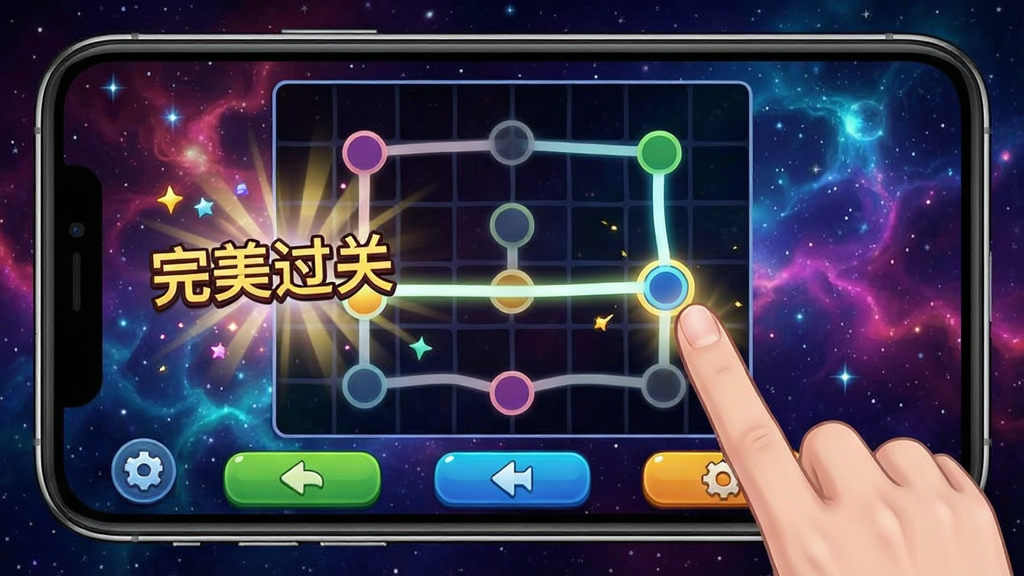 一张手机横屏游戏截图,画面中显示一个复杂的连线谜题已经解开大半,玩家手指拖动一条发光的线正在连接两个圆点,屏幕上弹出“完美过关”的庆祝特效,界面下方有几个功能按钮,背景是动态的星空效果,整体画面清晰,色彩绚丽,无多余元素