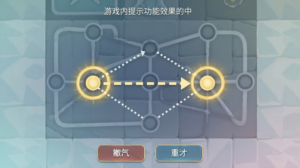游戏内提示功能的效果图,一个复杂的连线谜题中,其中两个圆点被金色的光圈高亮,并且两个点之间出现了一条虚线箭头指引方向,界面下方有撤销和重置按钮,整体风格简洁明了,画质干净,背景淡雅