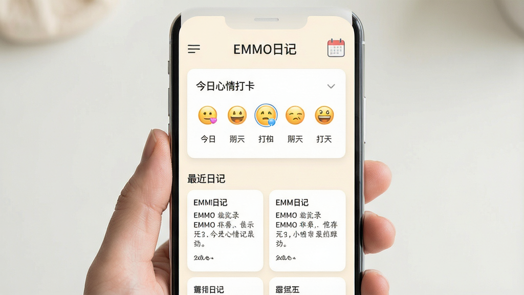 һ��չʾEMMO�ռ�Ӧ��������Ľ�ͼ�������������£�����͵��װ�ɫΪ������������ʾ��EMMO�ռǡ�����������ͼ�꣬�м��ǽ�������򿨵ı���ѡ�������·��������ƪ�ռǵĿ�ƬԤ���������Ű�ɾ����룬���������������������޶���Ԫ�أ�ͻ����¼�������ܰ��Χ��