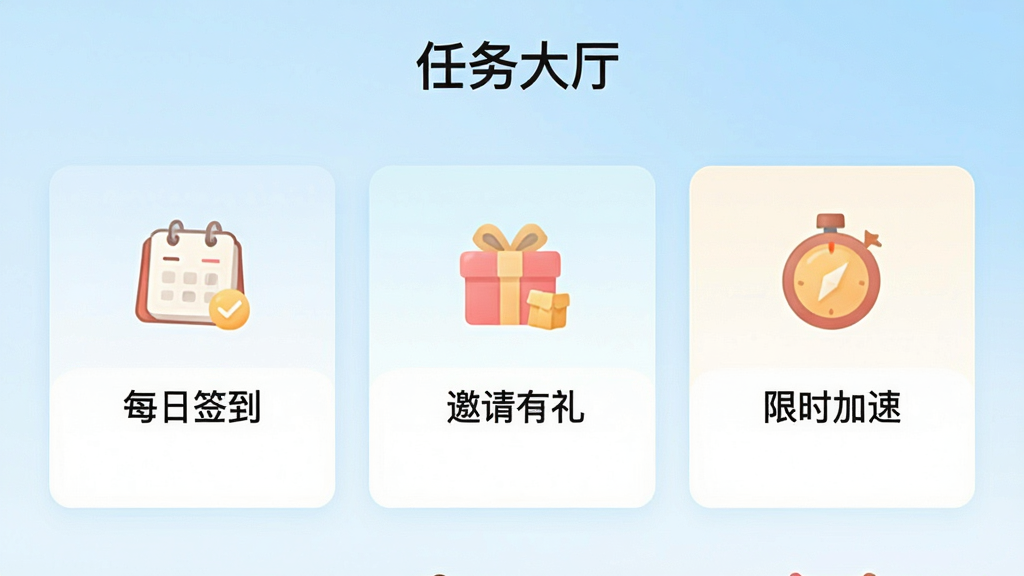 一张“甜糖”App任务大厅界面的模拟截图,页面顶部有“任务大厅”标题,下方以卡片列表形式展示“每日签到”“邀请有礼”“限时加速”三个任务模块,每个卡片都有图标和简单文字说明,背景为淡蓝色渐变,整体风格清爽,画质干净,无多余元素