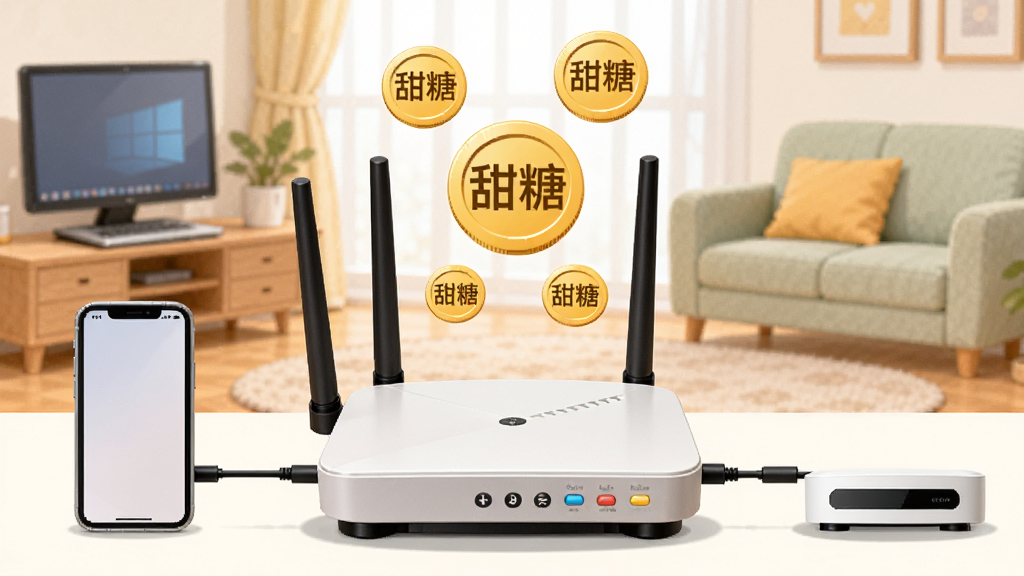 一幅插画风格的示意图,画面中央是一台家用路由器,旁边连接着手机、电脑和NAS设备,设备上方漂浮着金币图标,金币上写着“甜糖”二字,背景是温馨的家庭客厅场景,色调明亮,画质干净,无多余元素