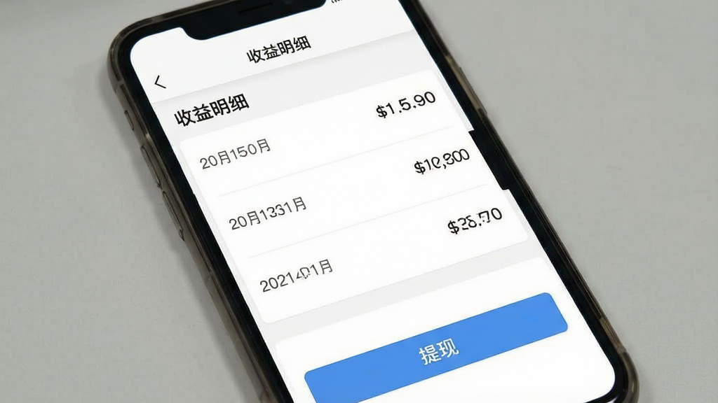 一张“甜糖”App使用教程的示意截图,手机屏幕显示“收益明细”页面,列表中有几条日期和金额记录,下方有“提现”按钮,背景为纯白色,界面简洁清晰,画质干净,无多余元素
