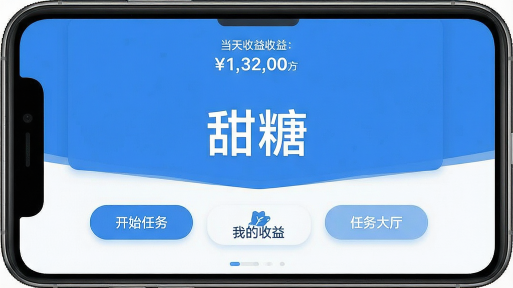 一张展示“甜糖”App主界面的高清截图,手机屏幕居中,界面以蓝色和白色为主色调,顶部显示当天收益金额,中间清晰标注“甜糖”两个大字,下方分布着“开始任务”“我的收益”“任务大厅”三个按钮,整体风格简洁现代,扁平化设计,画质干净,无多余元素