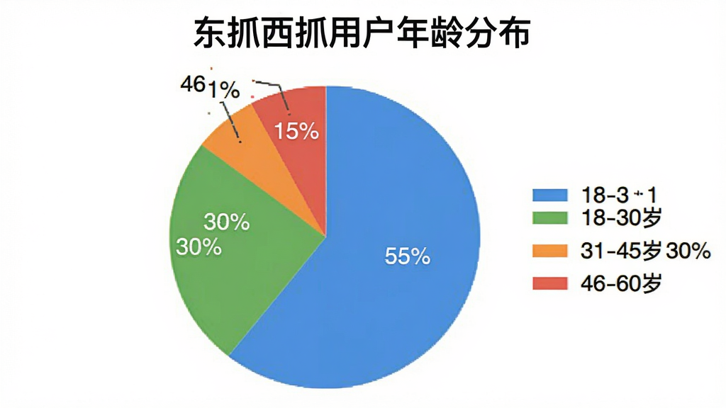 一张彩色饼状图,标题为“东抓西抓用户年龄分布”,图中显示18-30岁占比55%,31-45岁占比30%,46-60岁占比15%,每个扇区颜色不同,图例清晰,背景白色,扁平化设计,画质干净,无多余元素