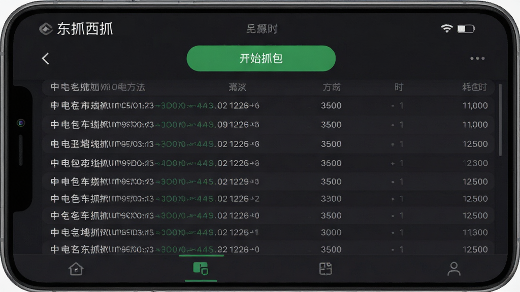 一张高清手机截图,展示“东抓西抓”APP的主界面全貌,画面中央是一块深色主题的抓包日志列表,每行清晰显示域名、请求方法和耗时,顶部有“开始抓包”的绿色大按钮,底部导航栏图标简洁,整体布局现代扁平,风格干净利落,细节丰富,画质高清,无多余元素