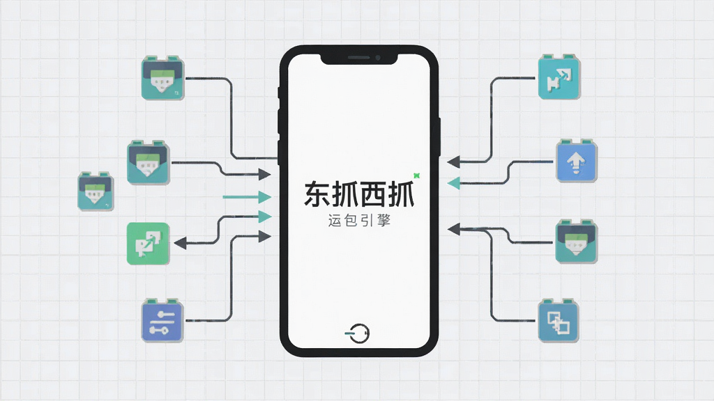 一幅极简风格的功能示意图,中央是一个手机轮廓,手机屏幕内显示“东抓西抓”的抓包引擎正在运行,周围有线条连接着各种数据包图标,表示正在捕获流量,背景为浅灰色网格,整体布局清晰,扁平化设计,细节精致,画质干净,无多余元素