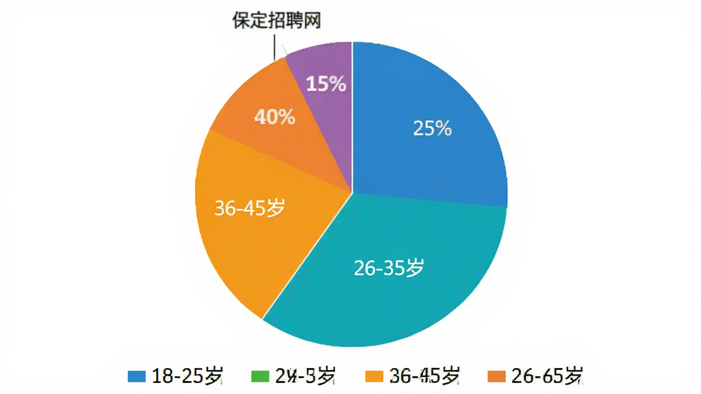 一张饼状图,展示保定招聘网的用户年龄分布,18-25岁占25%,26-35岁占40%,36-45岁占20%,46-60岁占15%,图表颜色鲜艳,下方有图例说明,背景为纯白色,画质干净无多余元素。