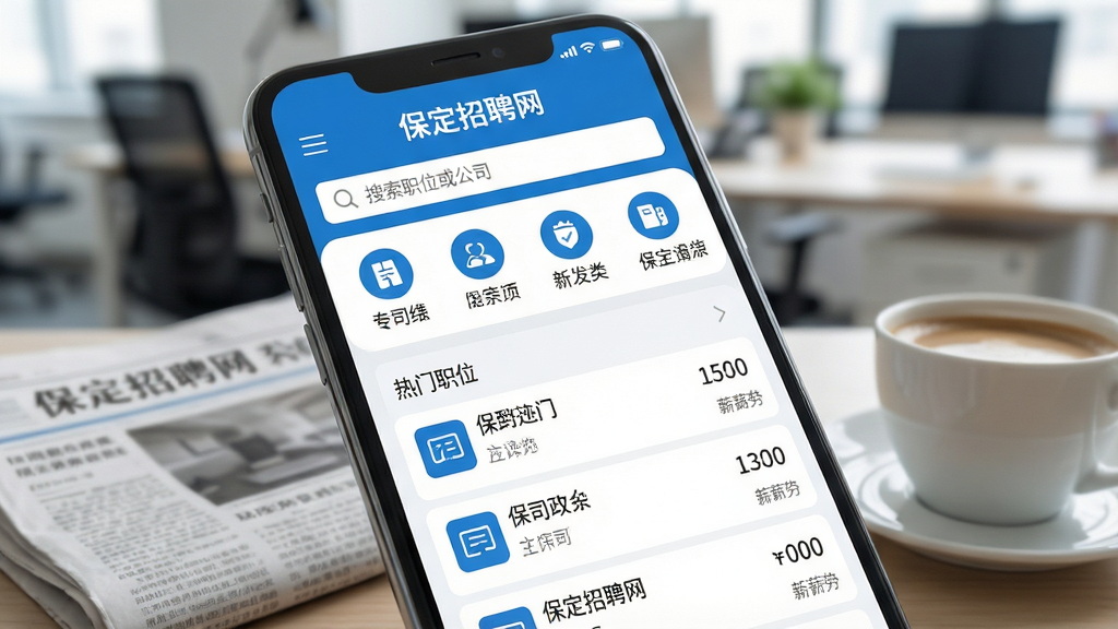 一张智能手机屏幕的特写,屏幕中显示“保定招聘网”APP的首页界面,顶部搜索框写着“搜索职位或公司”,下方分类图标整齐排列,中间是“热门职位”列表,每一条显示公司名称和薪资,界面以蓝色和白色为主色调,整体风格简洁现代,手机旁边放着一份报纸和一杯咖啡,背景是虚化的办公室场景,画质清晰干净无多余元素。