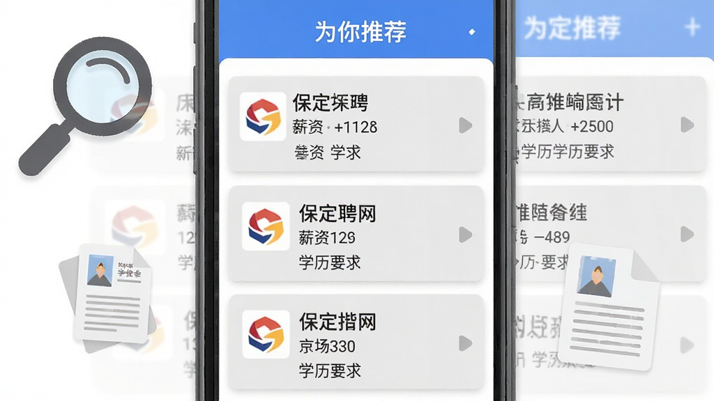 保定招聘网APP的职位推荐页面截图,屏幕显示多个职位卡片,每张卡片包含公司logo、职位名称、薪资范围和学历要求,卡片背景为浅灰色,整体布局整齐,上方有“为你推荐”的蓝色标题栏,手机屏幕外有放大镜和简历文件的图标装饰,风格扁平清晰,画质干净。