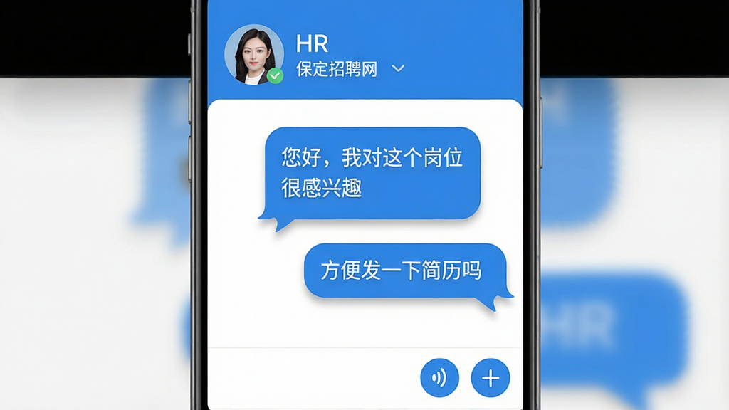 保定招聘网APP的聊天界面截图,屏幕上方显示HR的头像和公司名称,中间是几条对话气泡,一条是求职者发送的“您好,我对这个岗位很感兴趣”,另一条是HR回复的“方便发一下简历吗”,底部有语音和加号图标,整体UI以蓝白配色为主,聊天气泡有圆角阴影,画质干净无多余元素。