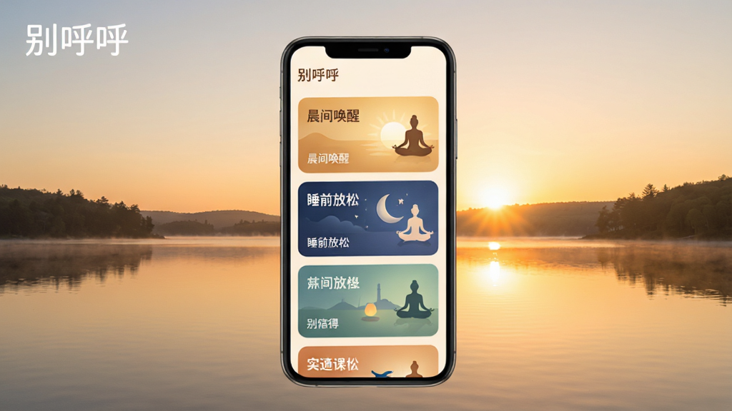 展示“别呼呼”应用中的冥想课程列表,背景为宁静的湖面日出,前景中央悬浮着一个手机界面,上面排列着“晨间唤醒”、“睡前放松”等课程卡片,每张卡片配有瑜伽剪影图标,界面左上角有“别呼呼”文字标识,整体色调温暖,风格治愈,画质干净无多余元素。