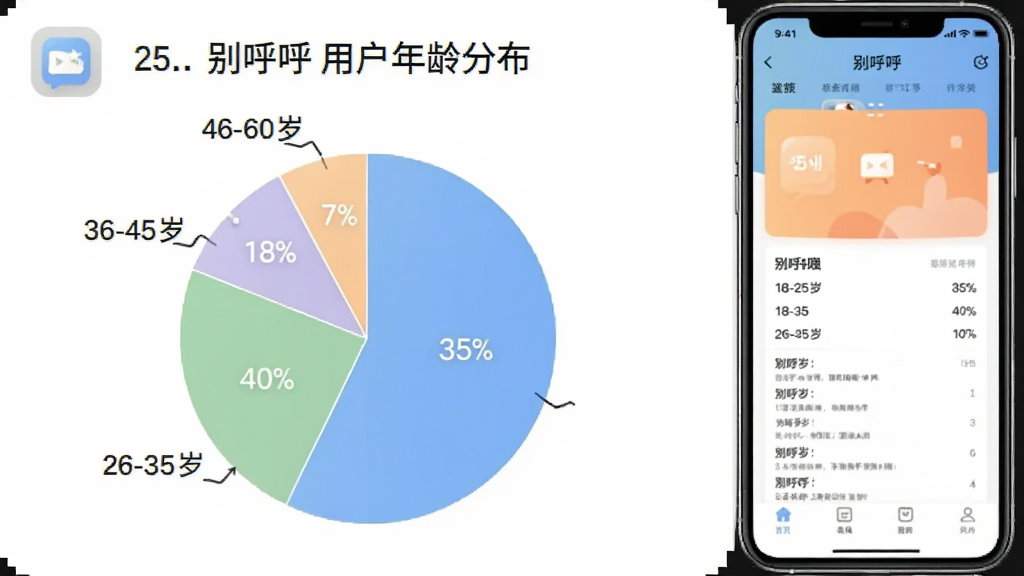 饼状图展示“别呼呼”用户年龄分布,18-25岁占35%,26-35岁占40%,36-45岁占18%,46-60岁占7%,图标旁配有一个手机截图,截图上显示“别呼呼”主界面,整体配色柔和,图表清晰易读,画质干净。