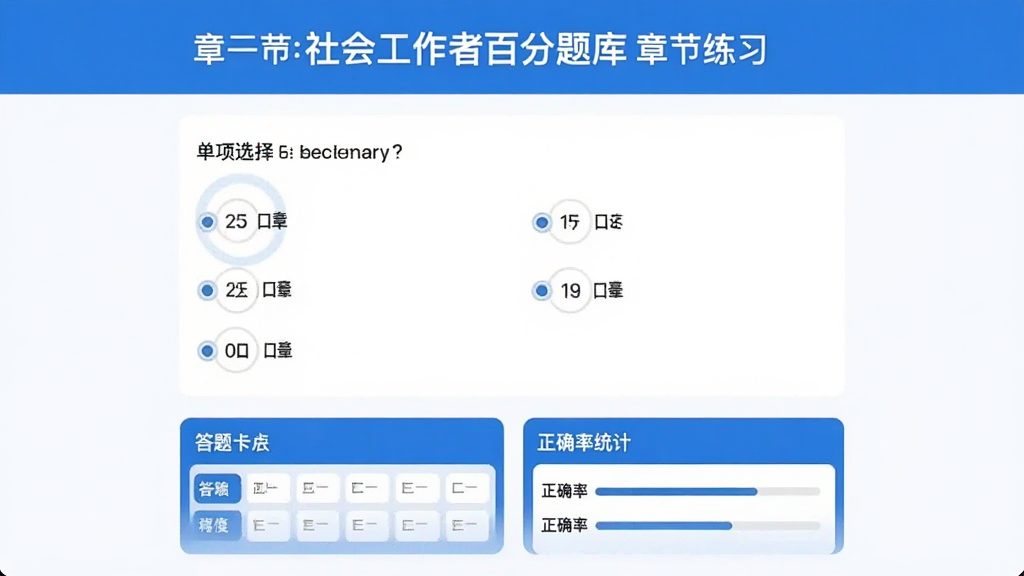 社会工作者百分题库章节练习界面,顶部显示章节名称,中间是单项选择题带四个选项,下方显示答题卡和正确率统计,风格简洁现代,蓝白配色,画质干净