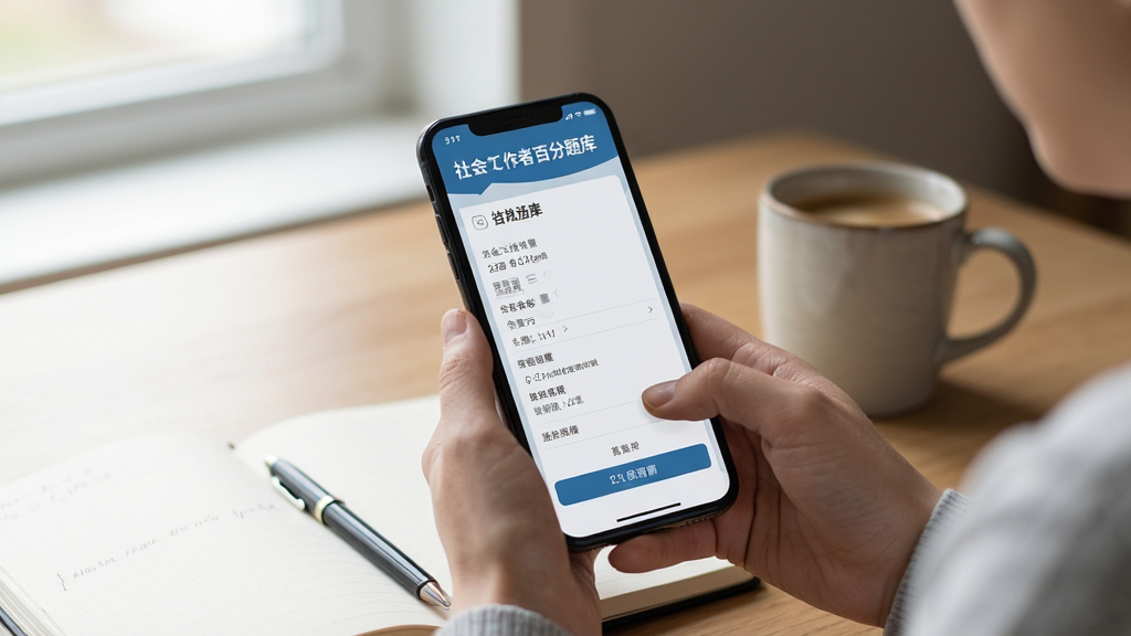 社会工作者百分题库在手机上运行的使用场景,背景为书桌上有笔记本和咖啡杯,手机屏幕清晰显示答题界面,氛围安静专注,画质干净无多余元素