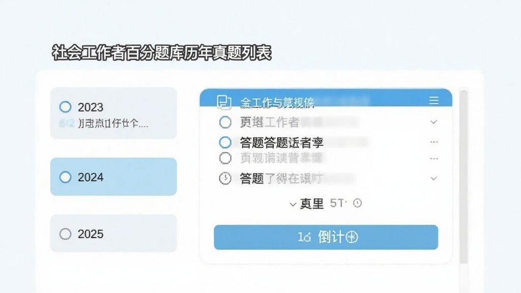 社会工作者百分题库历年真题列表页,按年份列出2023、2024、2025等选项,点击后进入答题界面,配有倒计时功能,整体色调清新,布局直观,画质干净