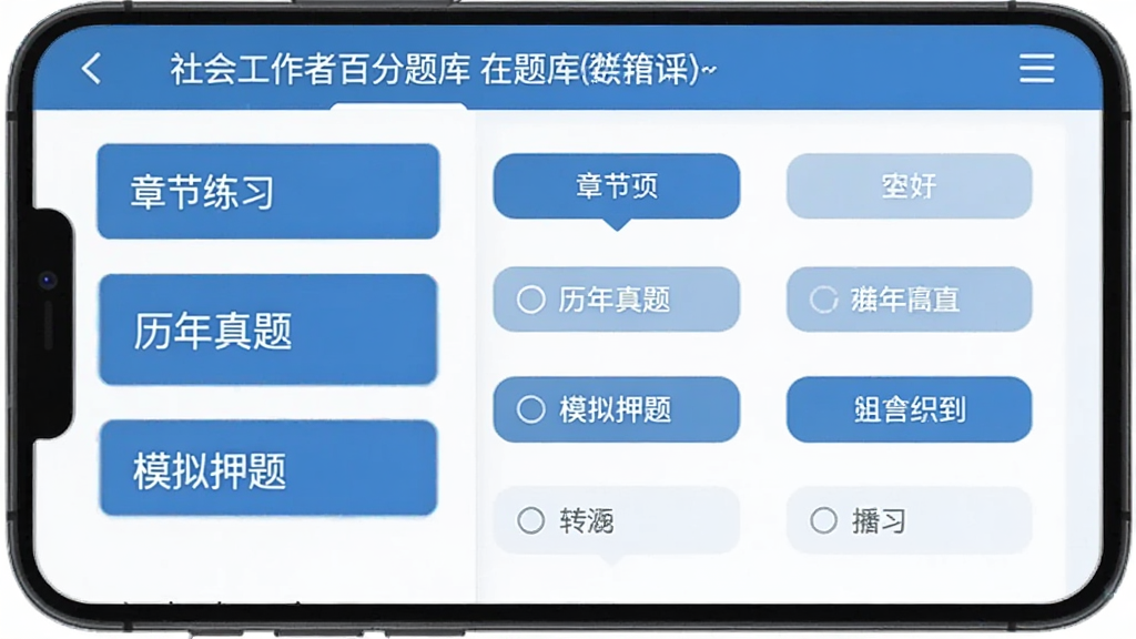 图片展示社会工作者百分题库在手机上的主界面,界面左侧显示题库分类列表如章节练习、历年真题、模拟押题,右侧为答题区域带选项按钮,整体布局清晰,以蓝白配色为主,扁平化风格,画质干净无多余元素