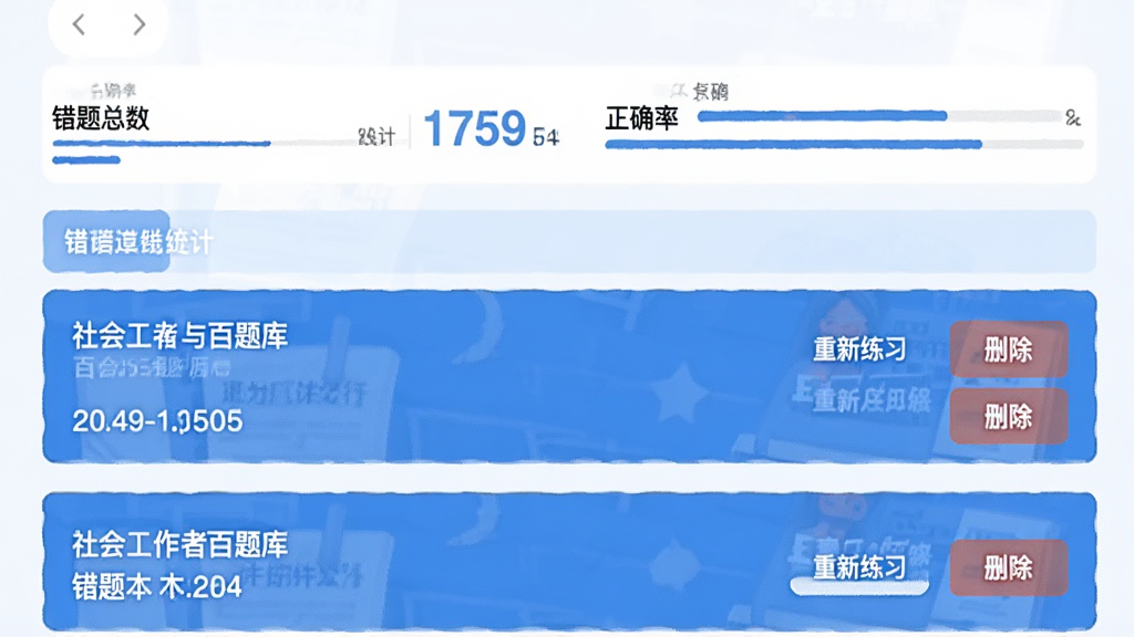 社会工作者百分题库错题本页面,列表展示做错过的题目摘要,每条带重新练习和删除按钮,顶部有错题总数和正确率统计,设计简约,蓝白配色,画质干净