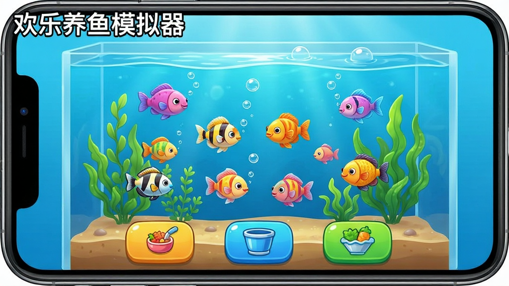 画面中央展示一款名为“欢乐养鱼模拟器”的手机游戏界面,游戏画面色彩鲜艳明亮,主体为清澈湛蓝的水族箱,里面有各种颜色和品种的小鱼在游动,水草随水流轻轻摇曳,水面上有微小气泡上升。界面底部有简洁的喂食、清理和布置按钮。整体风格卡通可爱,画质高清细腻,排版干净,画面无多余文字,只有游戏名称“欢乐养鱼模拟器”在屏幕左上角。