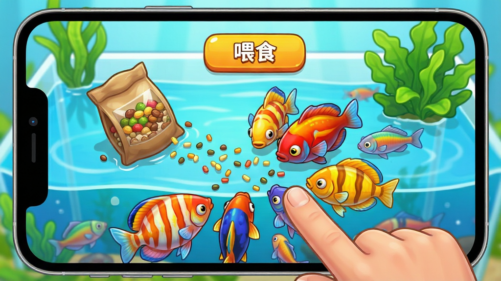 游戏“欢乐养鱼模拟器”的喂食界面特写,画面中一只手正用手指点击手机屏幕上的饲料袋,鱼缸里五颜六色的热带鱼聚集在一起争抢食物,水面上漂浮着细小的鱼食颗粒,背景是明亮的水族箱和绿色水草,整体画风卡通,色彩饱和度高,界面简洁干净,画质清晰,布局合理,屏幕上显示“喂食”按钮。