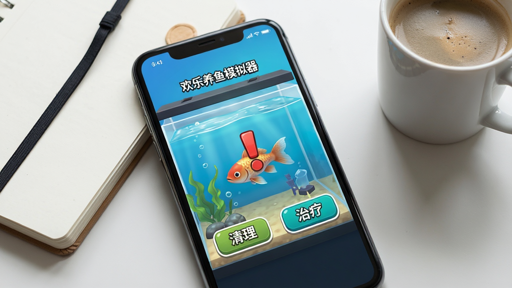 手机屏幕特写显示一款名为“欢乐养鱼模拟器”的游戏正在运行,画面中鱼缸里水质清澈,但有一条鱼身上有红色感叹号图标,旁边有“清理”和“治疗”按钮。手机旁边放着一本笔记本和一杯咖啡,桌面整洁,整体风格为日常使用场景,画质高清,光线自然,布局干净,无多余文字。