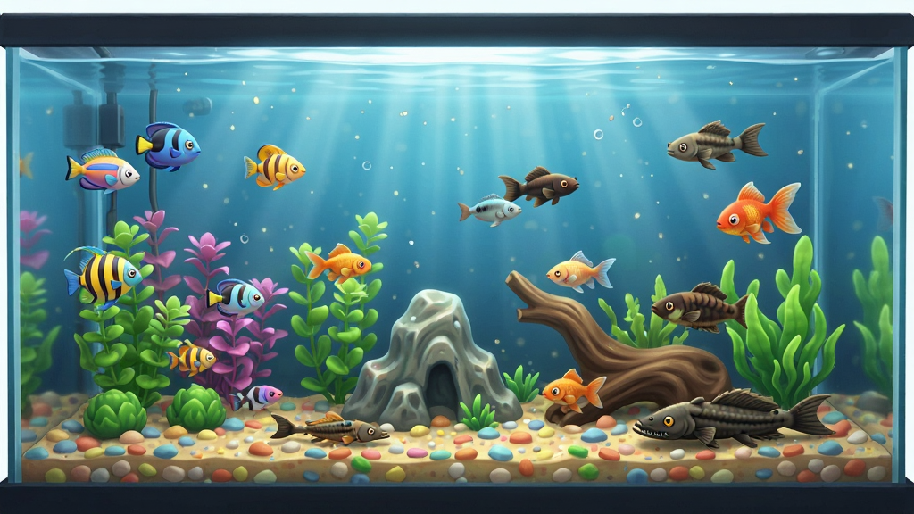游戏“欢乐养鱼模拟器”的鱼缸全景展示,画面展示一个大型水族箱,里面有热带鱼、金鱼、清道夫等不同种类的鱼,它们分散在水族箱各处游动。水族箱底部铺有彩色砂石,种有高低错落的水草,还有一个小假山和沉木造景。光线从水面上方射入,形成明显的光柱,水中漂浮着细微的颗粒,画面干净清晰,风格写实卡通,无多余UI元素,整体布局和谐。