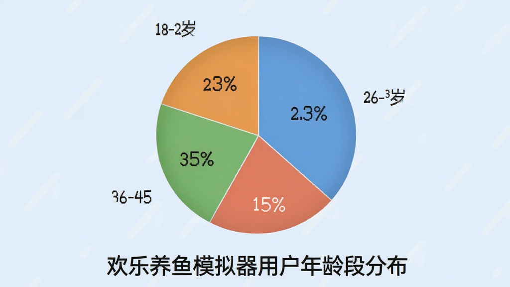 根据用户评价生成一张饼状图,展示“欢乐养鱼模拟器”的用户年龄分布,分为18-25岁、26-35岁、36-45岁、46-60岁四个区间,每个区间用不同颜色区分,并标注百分比,图表下方有“欢乐养鱼模拟器用户年龄段分布”字样,图表背景为淡蓝色,整体风格简洁清晰,画质干净无多余元素。