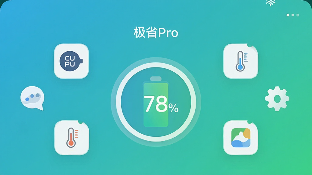 һ�������ֻ���Ļ��ͼ����ʾ����ʡPro�������棬��������ˬ������ɫ���䣬������һ��Բ�ε��ͼ�꣬������ʾ78%����Χ�����ż���Сͼ����CPU���¶ȡ���̨Ӧ�ã�������Ƽ���ִ�����ƽ�����ϸ��Բ�󣬻��ʸɾ����޶���Ԫ�ء�