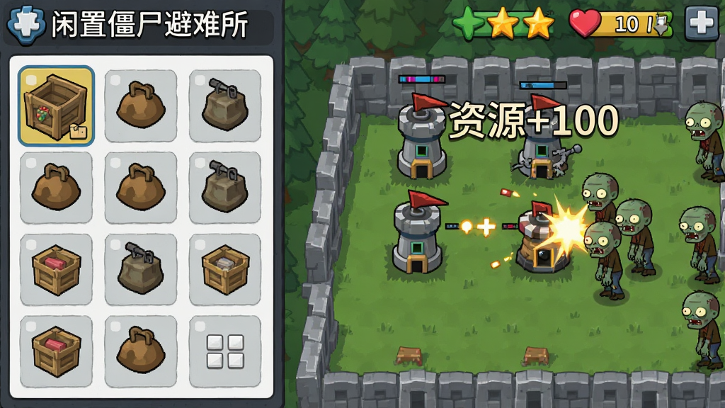 游戏界面截图,展示“闲置僵尸避难所”的资源产出界面,左侧是仓库物资图标,右侧是防御塔自动攻击僵尸的动态场景,画面有“资源+100”的飘字,风格卡通扁平,布局清晰,排版整洁,细节丰富,画质干净