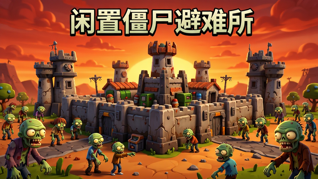 游戏主视觉图,展示“闲置僵尸避难所”的末日避难所全景,画面中央是坚固的基地和层层防御塔,周围环绕着各种造型的僵尸,天空呈现橙红色的末日晚霞,整体风格卡通渲染,色彩明亮,主体突出,布局饱满,排版大气,细节丰富,画质高清干净无多余元素