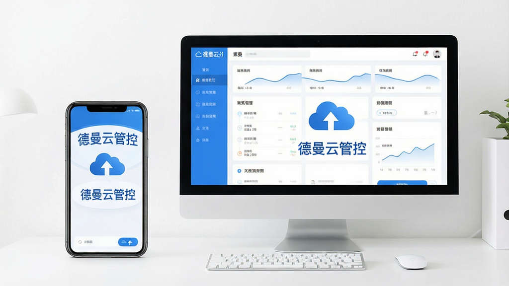 一张手机和电脑同时显示德曼云管控的软件主界面,界面风格现代简洁,以蓝白为主色调,突出“德曼云管控”文字与云朵管理图标,桌面背景干净,整体布局清晰,画质高清,干净无多余元素