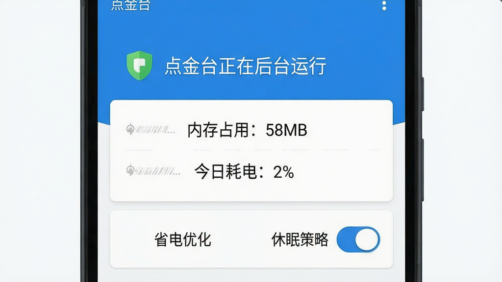 �ֻ�App��̨�ĵ�����ͼ�������Ϊһ����׿�ֻ���Ļ��ʾ�����̨����ʡ��ģʽ����ҳ�棬ҳ���ü��Ŀ�Ƭ���֣�������ʾ�����̨���ں�̨���С�����ɫ����ͼ�꣬�м��С��ڴ�ռ�ã�58MB���͡����պĵ磺2%�������֣��ײ��ǡ�ʡ���Ż����͡����߲��ԡ��������ذ�ť���������ƽ����������ɫ�����ʸɾ���ͻ���������ơ����̨���������޶���Ԫ�ء�