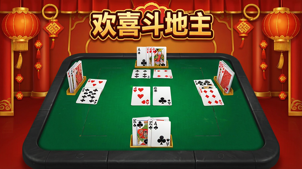 一张展示“欢喜斗地主”游戏主界面的截图,画面中央是经典的三人斗地主牌桌,桌面上摆放着扑克牌,背景是喜庆的红色和金色装饰,界面上方有“欢喜斗地主”的logo,整体风格明亮清晰,画质干净,无多余元素。