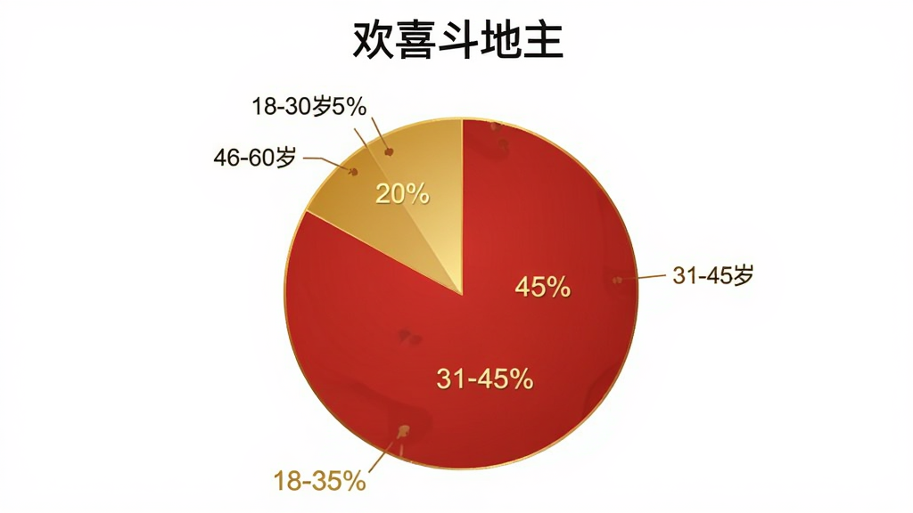 一张饼状图,展示“欢喜斗地主”用户年龄分布,18-30岁占35%,31-45岁占45%,46-60岁占20%,图表采用红金配色,背景干净,画质清晰,无多余元素。