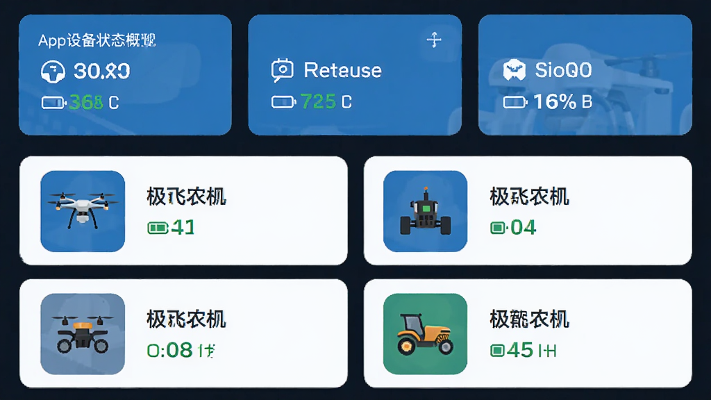 ���壺����ũ��App���豸�������棬�б���ʾ���˻���ũ���豸ͼ�ꡣ���֣���������������Ϊ�豸״̬������Ƭ���Ű棺��Ƭʽ���֣���Ϣ�㼶��������񣺼��ı�ƽ����ƣ���ɫ����ɫ��ϸ�ڣ��豸ͼ���Ա�ע