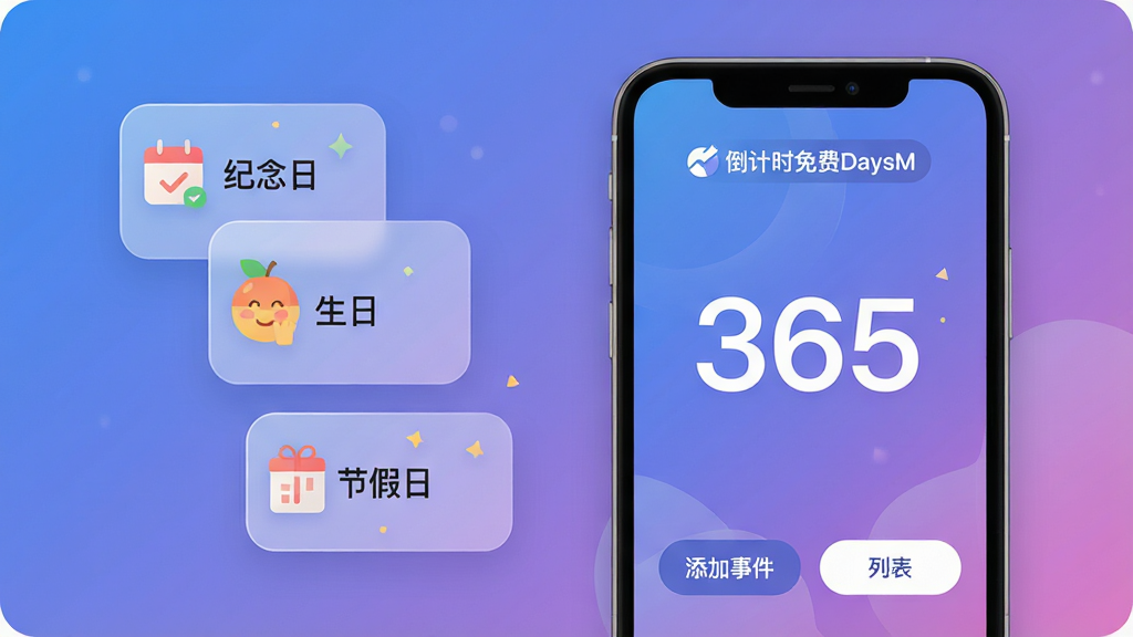���壺һ�������ŵ���ʱ���DaysMӦ�õ������ֻ�����Ļ��ʾ��������ĵ���ʱ�����棬����Ϊ��ܰ�Ľ�������ɫ�����֣��ֻ�λ�ڻ�������ƫ�ң�����������������ż�����͸����Բ�ǿ�Ƭ���ֱ��ע�������ա��������ա������ڼ��ա����Ű棺�����涥���С�����ʱ���DaysM�����ֱ�־���·���ʾ��������������365�����ײ��С������¼����͡��б���������ť������ִ���ƽ���廭���ɫ��������죬ϸ��Բ�󡣻��ʣ����壬�ɾ����޶���Ԫ�ء�