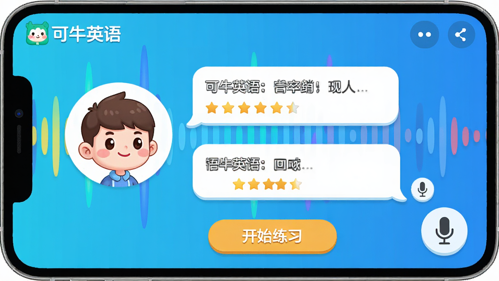 ���壺��ţӢ��APP��AI����Ի����棬��ʾ�Ի����ݺͷ������֡����֣�һ����ͨ����ͷ������࣬�Ҳ��ǶԻ��ı�����˷�ͼ�꣬�·��С���ʼ��ϰ����ť���Ű棺�����࣬�Ի���������������Ϊ��̬����ͼ�Ρ�������¿ɰ��Ŀ�ͨ���ɫ��������ϸ�ڣ��������С���ţӢ��������������ǣ����ʸɾ��޶���Ԫ�ء�