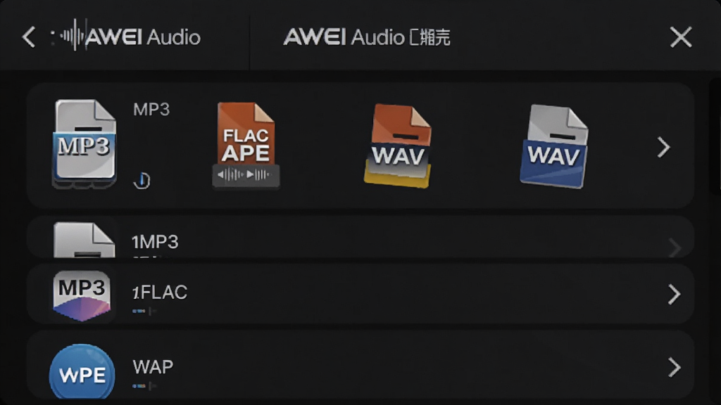 һ��AWEI AudioӦ������Ƶ��ʽ֧���б��Ľ�ͼ���б�������������MP3��FLAC��APE��WAV�ȸ�ʽͼ�꣬����Ϊ��ɫ���������࣬�������������Ƽ��У����ʸɾ��޶���Ԫ��