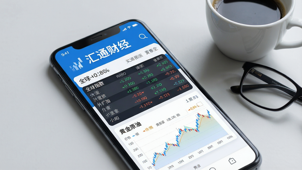 一张智能手机屏幕特写,屏幕上清晰显示“汇通财经”APP主界面,界面包含全球股市指数、外汇实时报价、黄金原油价格图表,布局简洁现代,蓝白主色调,背景为浅灰色桌面,手机旁边放着一杯咖啡和一副眼镜,整体风格商务且干净,画质高清,无多余元素
