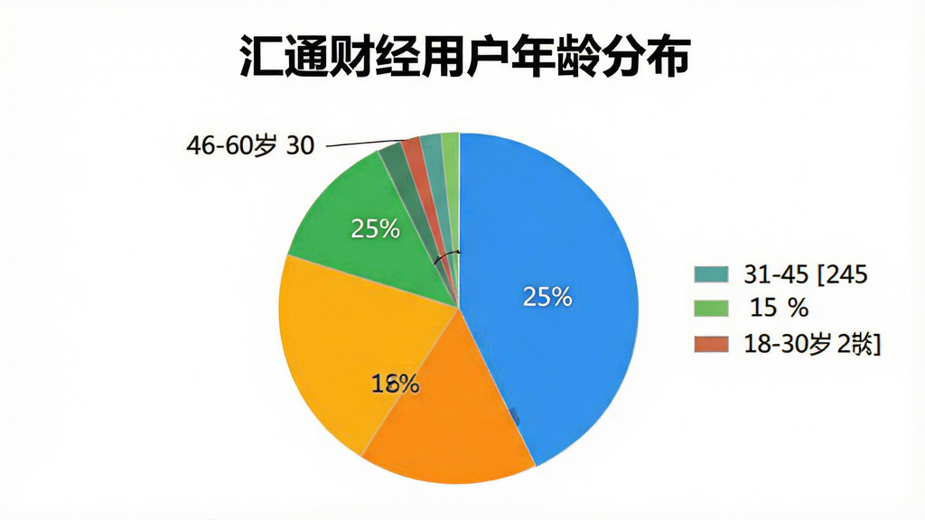 饼状图展示用户年龄分布,18-30岁占25%,31-45岁占45%,46-60岁占30%,色彩明快,图例清晰,背景白色,标题为“汇通财经用户年龄分布”,风格简洁,画质干净