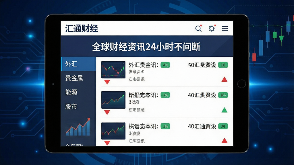 一张平板电脑横屏展示“汇通财经”的资讯信息流页面,标题为“全球财经资讯24小时不间断”,每条新闻配有红绿涨跌标签,左侧分类栏包含“外汇、贵金属、能源、股市”等,背景为深蓝色科技感光效,风格扁平化,画质干净,无多余元素