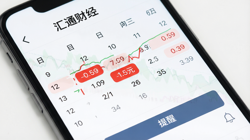 智能手机上展示“汇通财经”的财经日历页面,日历按时间排列,有红色标记高亮重要数据,下方有“提醒”按钮,背景为白色,风格简约清新,界面文字清晰可见,画质干净,无多余元素