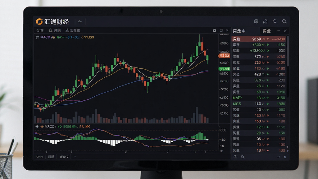 电脑屏幕显示“汇通财经”的K线图表界面,图表上有蜡烛图、均线、MACD指标,右侧是买盘卖盘报价列表,界面风格专业简洁,深色背景,数据清晰,整体画质高清新,无多余元素