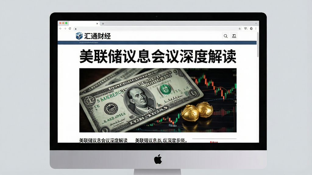 一幅电脑屏幕上打开“汇通财经”的专栏文章页面,标题为“美联储议息会议深度解读”,配有一张美元与黄金的图片,页面风格类似杂志排版,图文并茂,背景为浅灰色,整体画质干净,无多余元素